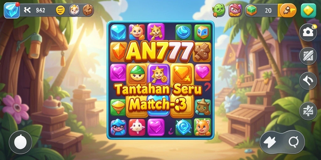 Tampilan menarik dari gameplay Match-3 AN777 dengan banyak permata berwarna.