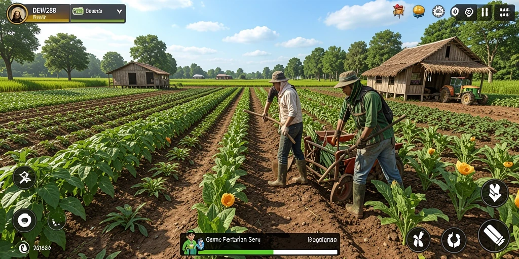 Screenshot gameplay DEWI288 dengan tanaman hijau yang subur dan karakter petani.