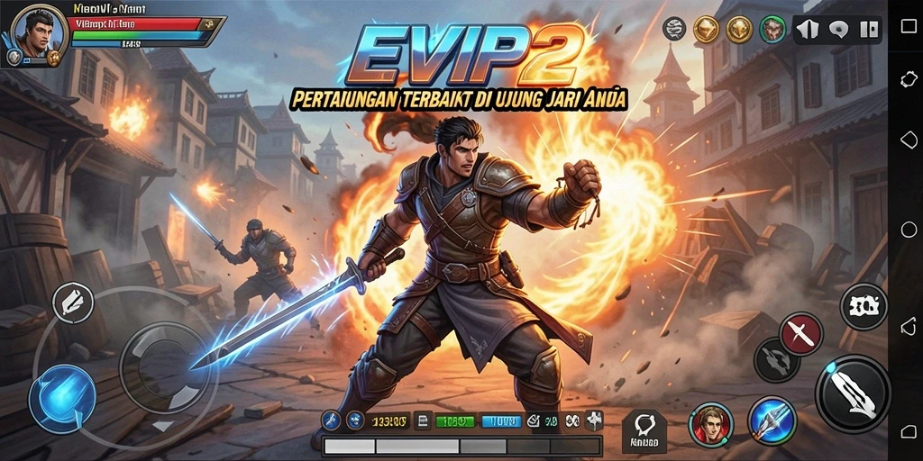 Tangkapan layar utama EVIP2 menampilkan aksi pertarungan yang mendebarkan.