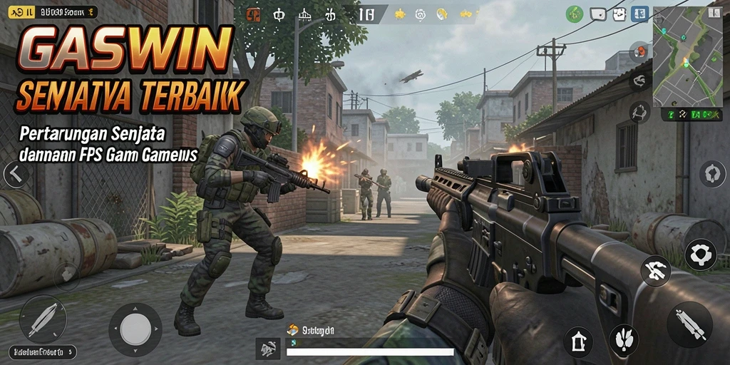 Tangkapan layar GASWIN menampilkan aksi menembak yang mendebarkan dalam lingkungan yang realistis.