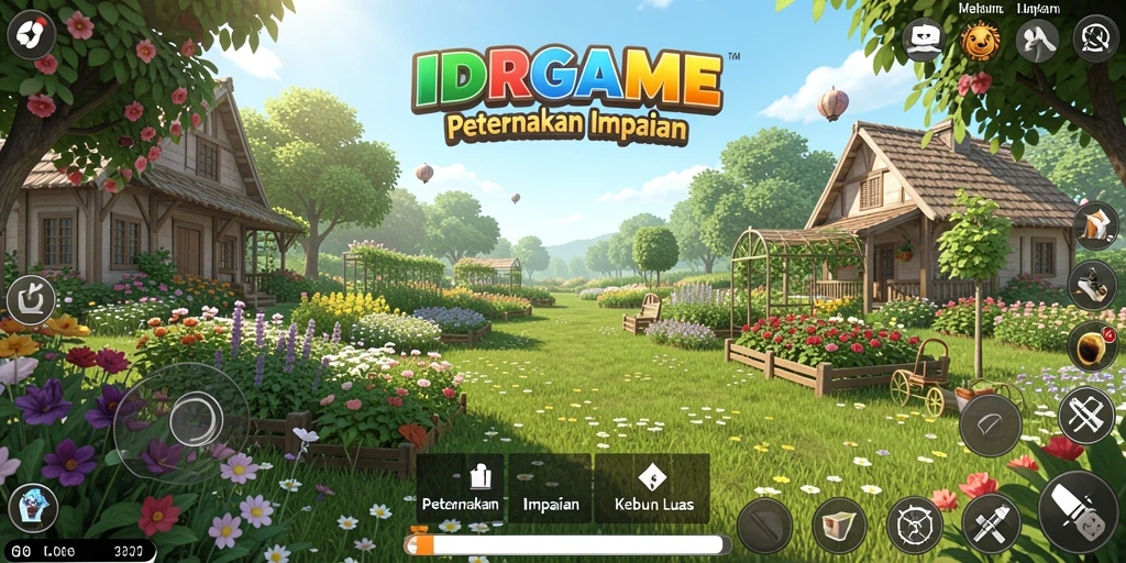 Tangkapan layar gameplay <strong>IDRGAME</strong> yang menunjukkan kebun yang subur dan hewan ternak.