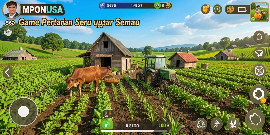 Screenshot gameplay MPONUSA yang menunjukkan kebun yang subur dan aktivitas bertani.
