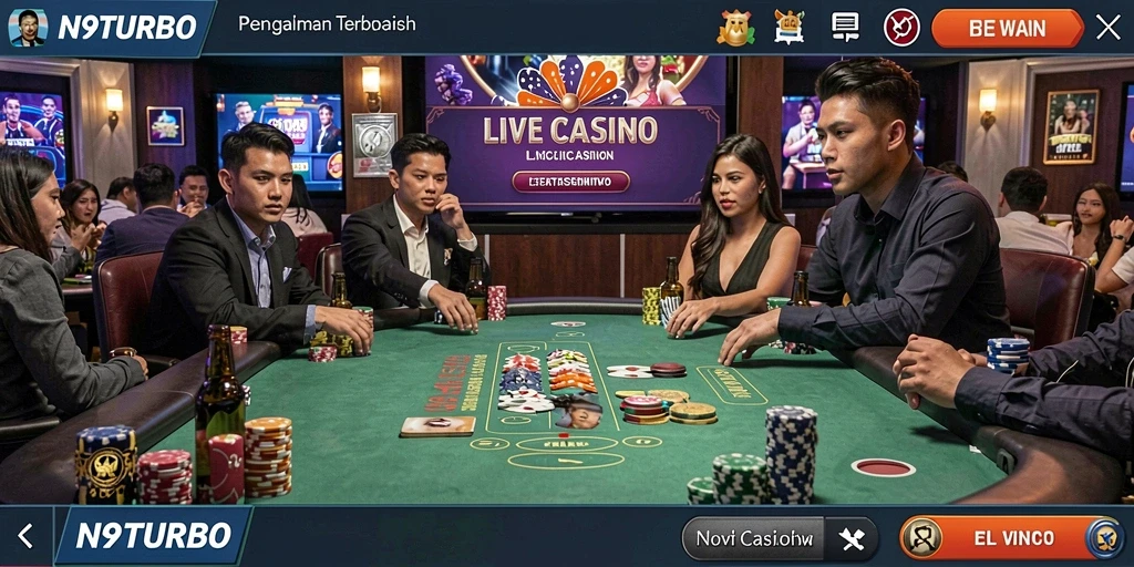 Screenshot N9TURBO menampilkan dealer langsung dan permainan yang mendebarkan di Live Casino.