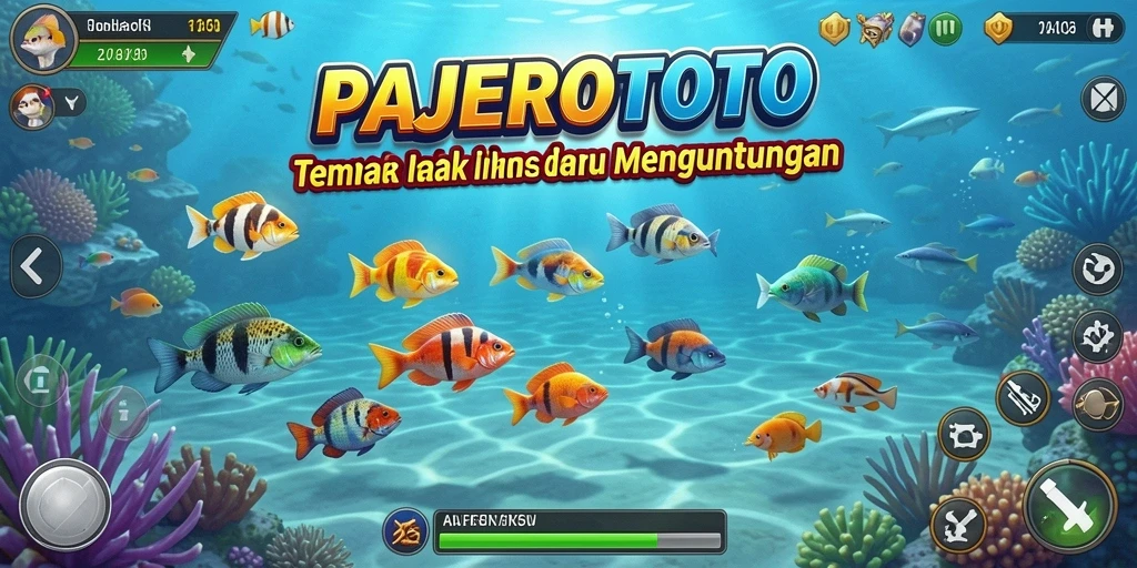 Tampilan berwarna-warni dari gameplay PAJEROTOTO yang menampilkan ikan-ikan menarik.