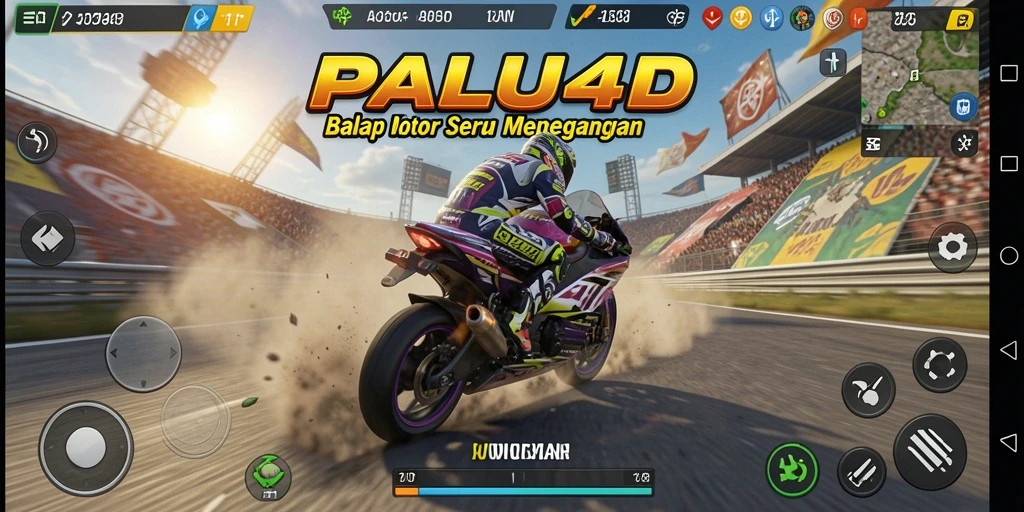 Screenshot gameplay PALU4D menampilkan balapan motor yang intens dan mendebarkan.