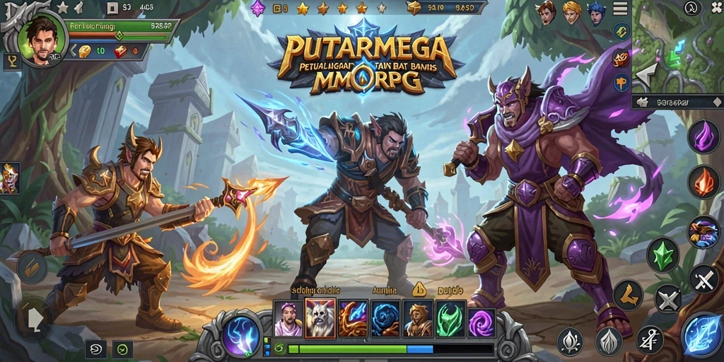 Tampilan gameplay seru PUTARMEGA, menunjukkan pertempuran karakter di dunia MMORPG.