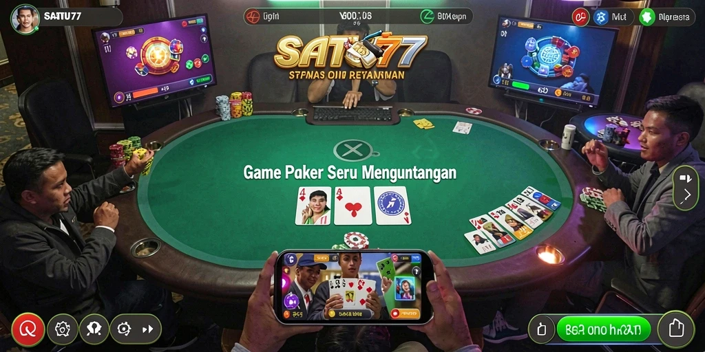 Screenshot utama SATU77 menampilkan suasana poker yang menegangkan dan menyenangkan.