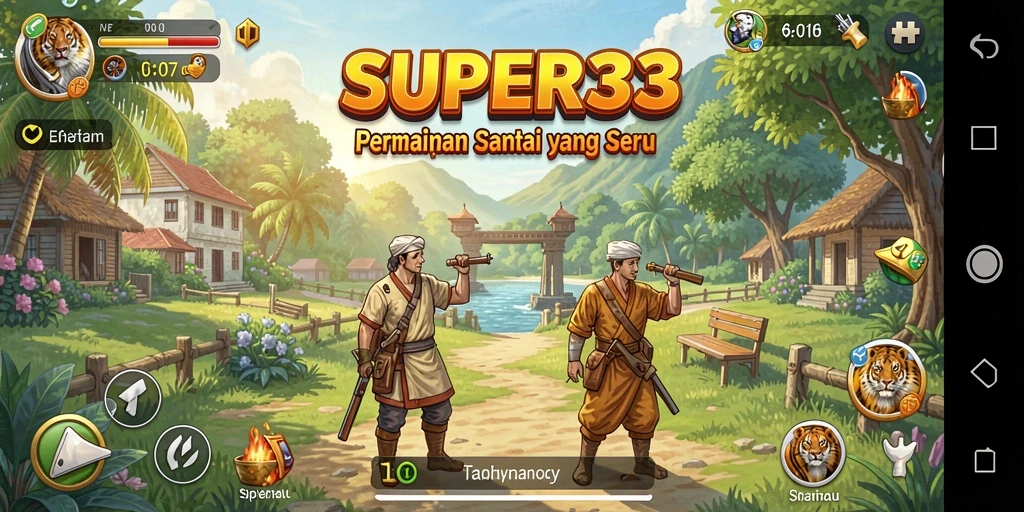 Tangkapan layar utama SUPER33 menunjukkan gameplay yang penuh warna dan interaktif.
