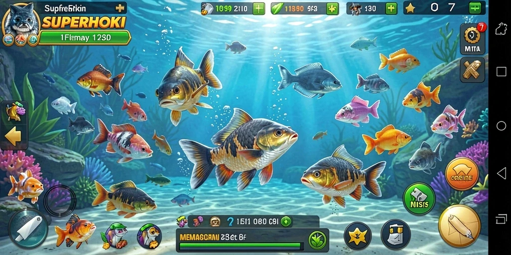 Screenshot gameplay <strong>SUPERHOKI</strong> yang menunjukkan keseruan memancing di lokasi indah.