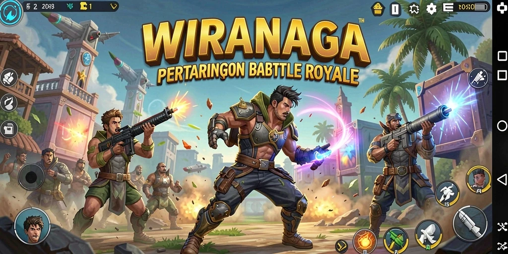 Tangkapan layar gameplay intens dalam WIRANAGA, menunjukkan aksi Battle Royale yang mendebarkan.
